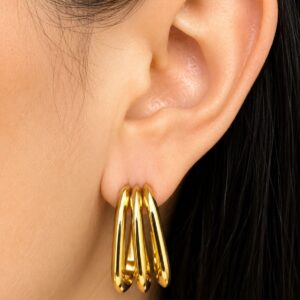 Brinco Argola Tripla Aço PVD com Banho em Ouro 18K
