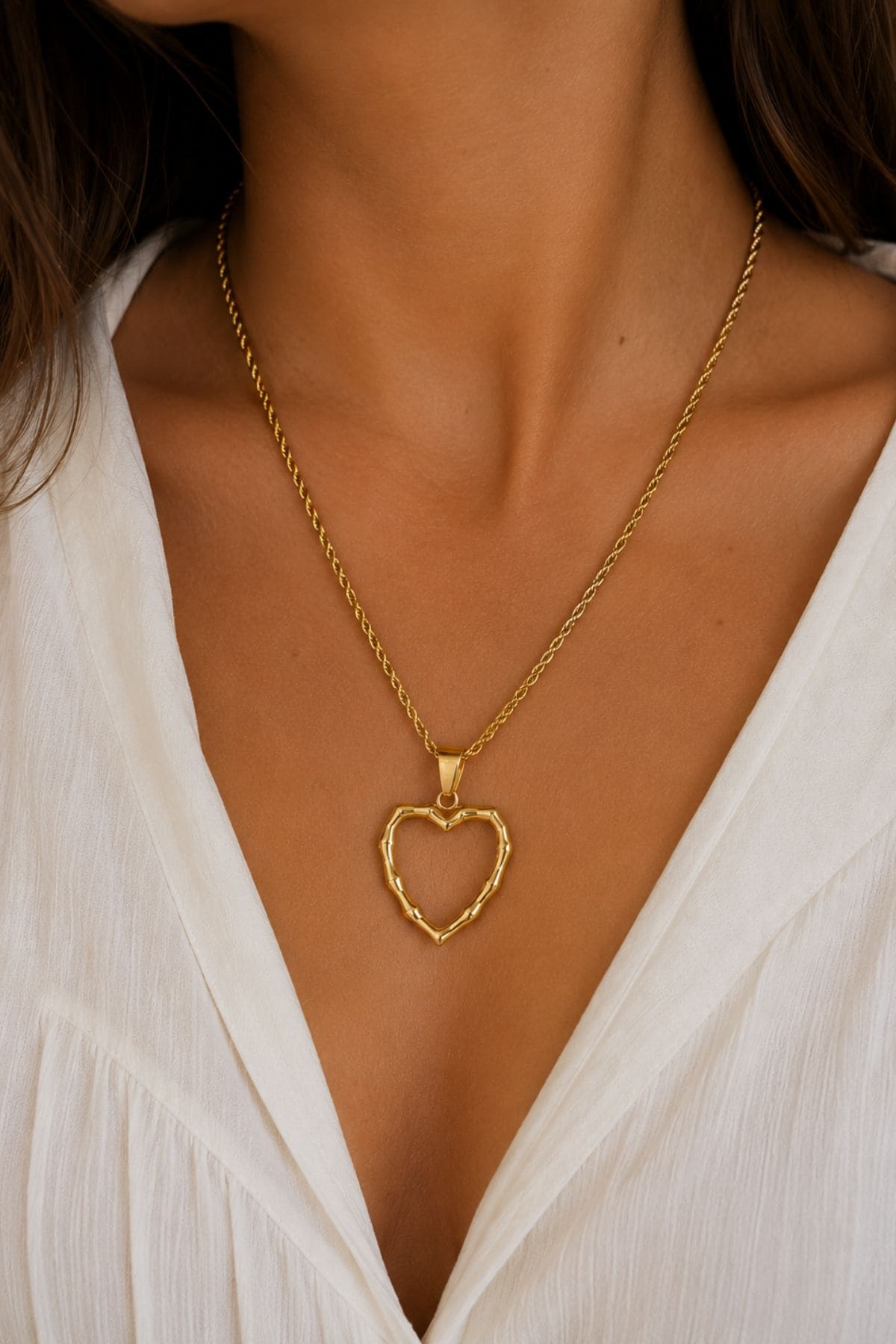 Colar Feminino Coração Bambu em Aço PVD banhado a Ouro 18K