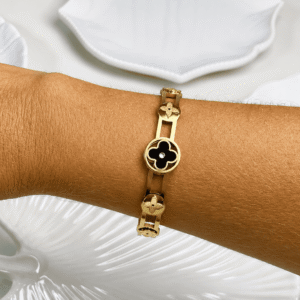 Bracelete Feminina Clover Black Luxo em Aço PVD e Banho a Ouro 18K